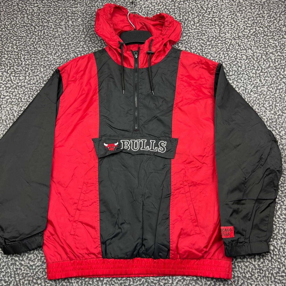 Chicago Bulls NBA Windbreaker Jacket Men Medium Red Black 1/4 Zip Hooded Y2k M